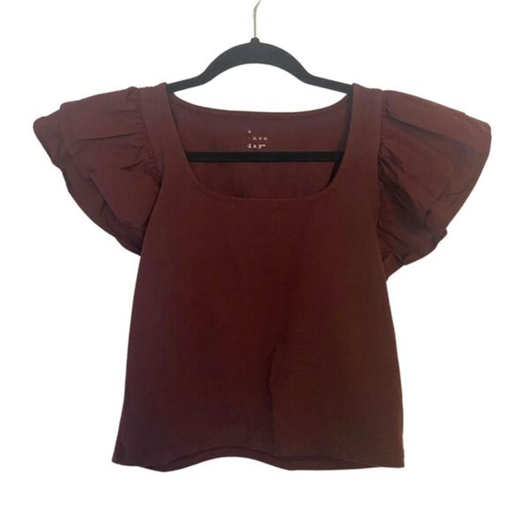 a new day | Double Flutter Short Sleeve Cropped Shirt Brown Square Neck